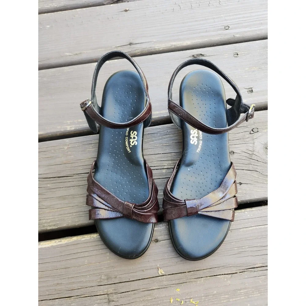 SAS Strippy‎ Sandals Wine Leather Wedge Tripad Comfort Made in USA 8.5M